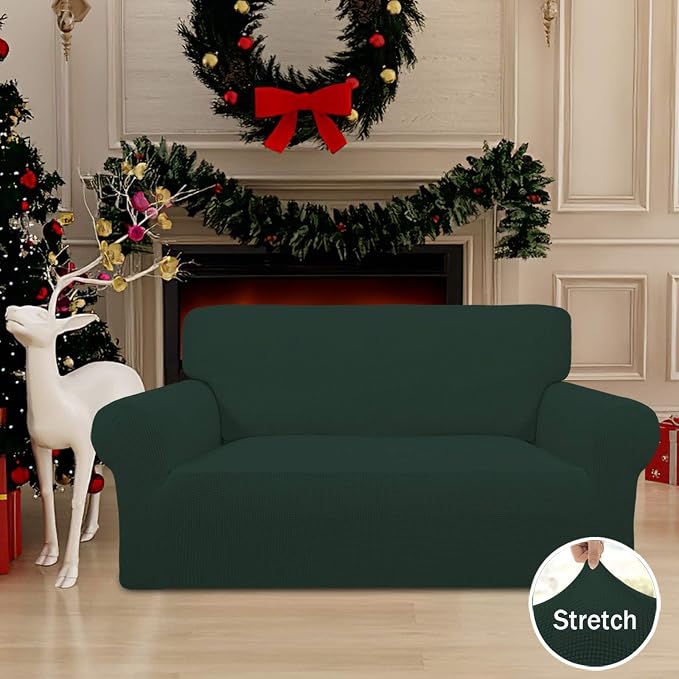 Easy-Going Stretch Loveseat Slipcover 1-Piece Sofa Cover Furniture Protector Couch Soft with Elastic Bottom for Kids Polyester Spandex Jacquard Fabric Small Checks (Loveseat, Dark Green)