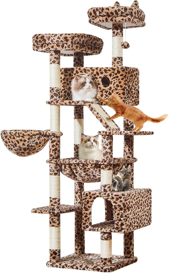Taoqimiao Cat Tree 71-Inch, Cat Tower for Indoor Cats Large Adult, Multi-Level Large Cat Condo, 8 Sisal Scratching Posts, Metal Frame Cozy Hammock, Scratch Board, 2 Top Perches, Leopard Print MS026LBW