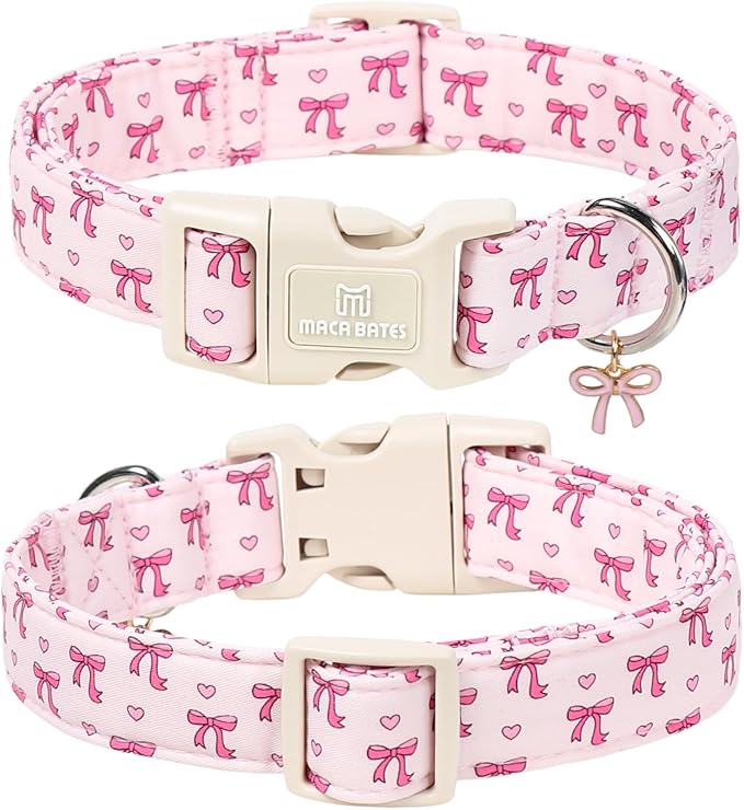 Maca Bates Pink Basic Dog Collar with Sailor Bow Charm for Extra Large Girl Dogs, Girly Cute Heart Bowtie Pattern,Feminine Style,Adjustable Durable Soft Collars Birthday Gift for Female Puppy