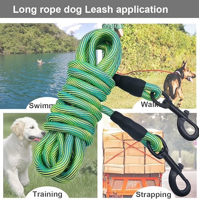 BTINESFUL 8ft 12ft 20ft 30ft 50ft 75ft Dog Tie Out Long Tether Rope Dog Lead, Outdoor Yard Leash, Large Medium Dogs Training, Playing, Camping, Backyard (Green, 50 Foot)