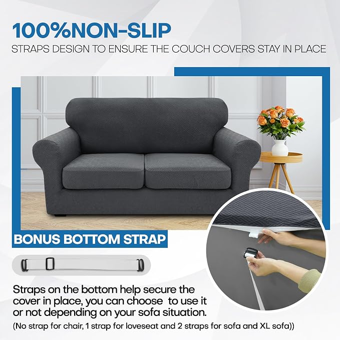 XINEAGE 2026 New 3 Pieces Couch Covers for 2 Cushion Sofa Super Stretch Loveseat Slipcover Pet Dog Universal Slip Cover Anti Slip Love Seat Furniture Protector (Dark Gray, 55"-69")