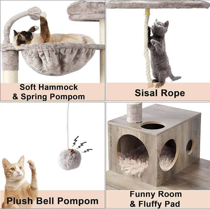 Timberer Cat Tree with Litter Box Enclosure, 2-in-1 Cat Tower for Indoor Cats, Large Wood Cat Condo with Basket, Scratching Posts, Pompoms, Grey
