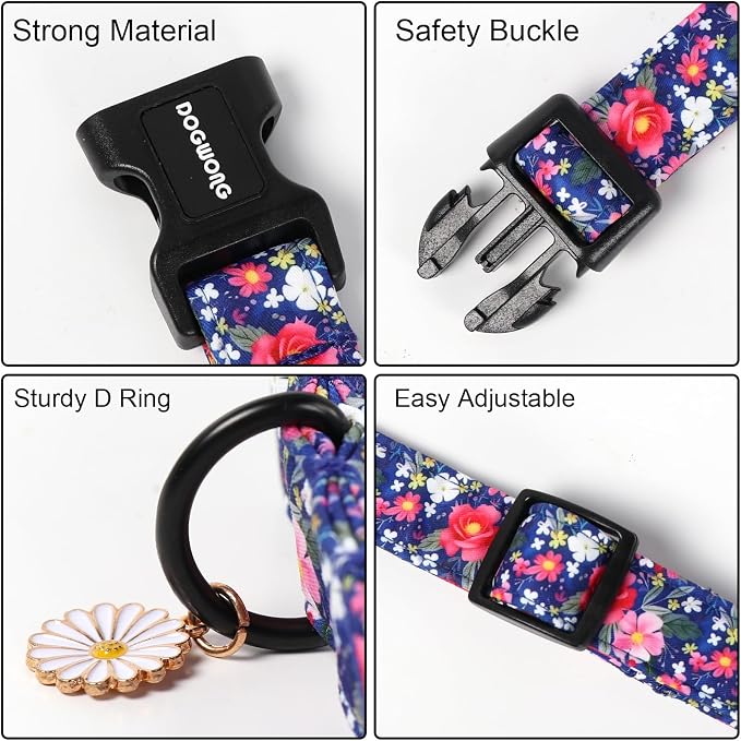 DOGWONG Blue Flower Dog Collar, Cute Adjustable Floral Collar, Girl Female Spring Summer Dog Collar with Strong Plastic Buckle for Small Medium Large Dogs,L
