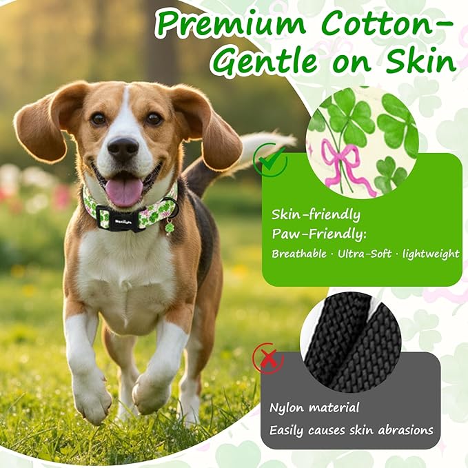St. Patrick's Day Dog Collar, Cute Dog Collars with Green Clover, Adjustable Cotton Pet Collars for Small Medium Large Dogs, Ideal for Puppy Girl Boy Female Male Dogs Gifts-L