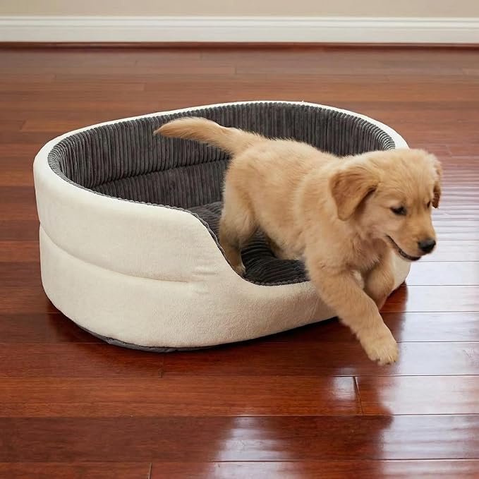 Large Dog Bed Cat Bed 20x30 Inch,Calming Pet Bed for Dogs & Cats,Machine Washable Dog Bed,Half-Enclosed Open-Top Velvet Anti-Anxiety Bed,Cozy Snuggle Bed (White)