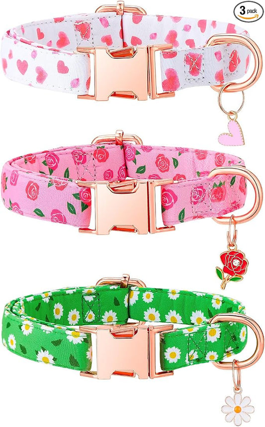 3 Pack Floral Dog Collars for Medium Dogs Pink Dog Collar with Flower Pendant for Girl Female Dogs Adjustable Pet Collars (12-18.9 inch)