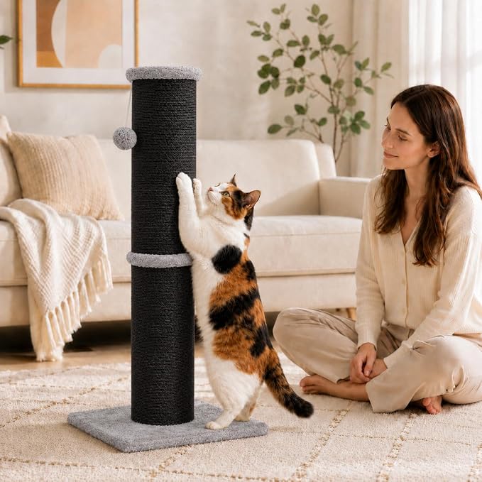 PAWSCRAT Cat Scratching Post 32 Inch High, 5.5 Inch Large Diameter Natural Sisal Cat Scratch Post, Scratch-Resistant and Durable Tall Cat Scratcher for Indoor Cats, Protect Your Furniture, Black