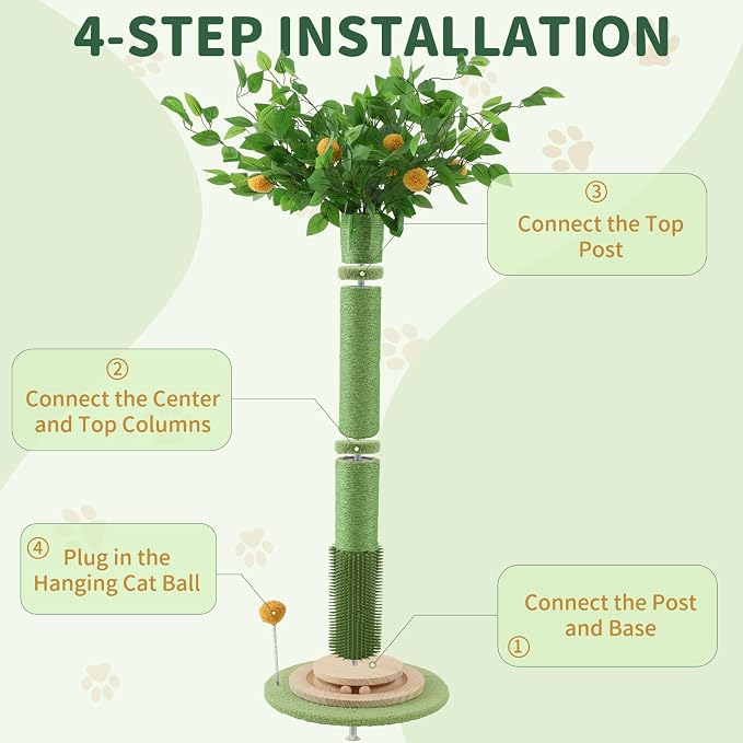 Cat Scratching Post, 45 Inch Tall Cat Scratcher Tree for Indoor Cats Adults with Natural Sisal Rope, Large Scratching Posts with Rubber Brush, 3-Layer Solid Wood Base and Balls Track Toy