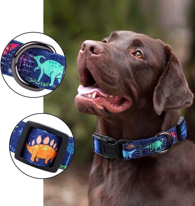 Dog Collar Special Design Personalized Cute Girl boy Soft Collars with Sunflower, Camo, American Flag, Plaid (L(Neck 17.3"-25.6", Width 1"), Cartoon Dinosaurs)