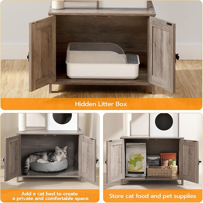 HOOBRO Cat Tree Tower with Litter Box Enclosure Indoor, Wooden Cat Condo with Scratching Posts, Litter Box Furniture Hidden, All-in-One Cat House, Greige BG15MZ03