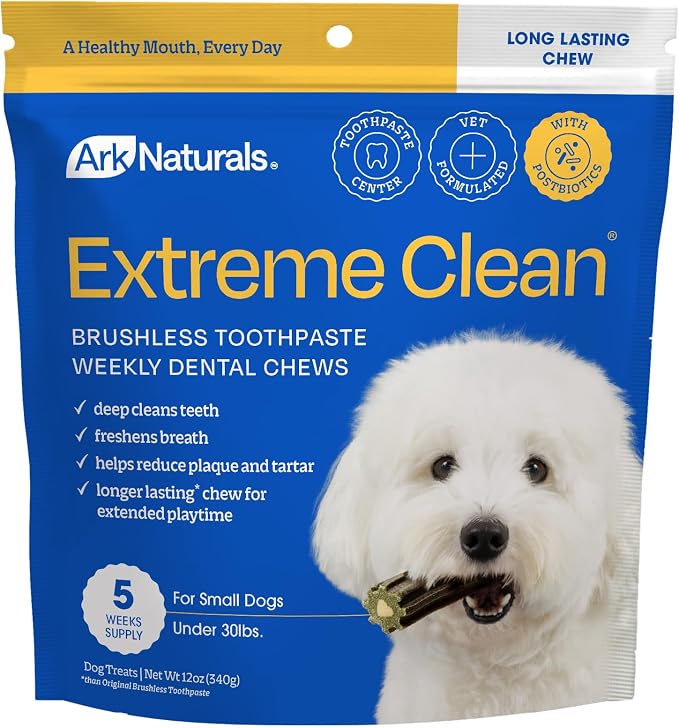 Ark Naturals Extreme Clean Brushless Toothpaste for Small Breeds, 12 oz Bag, Long-Lasting Dog Dental Chew with Toothpaste Center, Freshens Breath, Reduces Plaque & Tartar