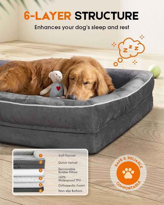 Upvilla XXL Orthopedic Dog Bed, Four-Sided Cushioned Egg-Shaped Foam Dog Sofa, Waterproof Removable Cover, Pet Sofa Bed with Non-Slip Base, Giant Dog Bed,Gray