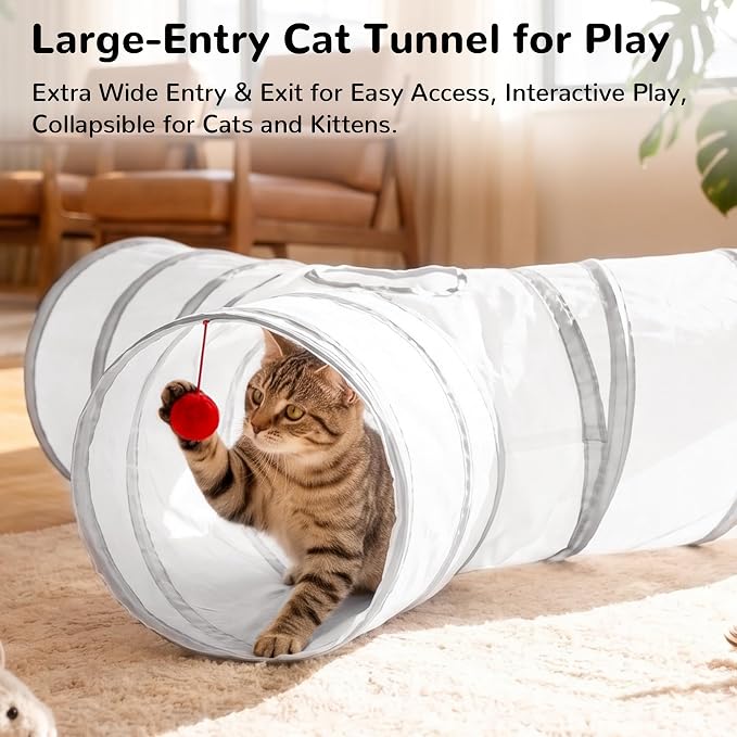 Tempcore Cat Tunnel for Indoor Cats, 3 Way Collapsible Pet Play Tunnel with Teaser Wand, Peek Holes & Hanging Ball, Interactive Tube for Kittens & Rabbits, White & Light Grey