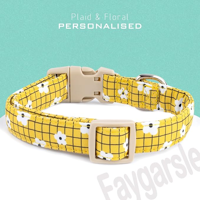 Faygarsle Floral Plaid Pattern Dog Collar, Yellow with White Flowers Summer Spring Design for Small Medium Large Dogs S