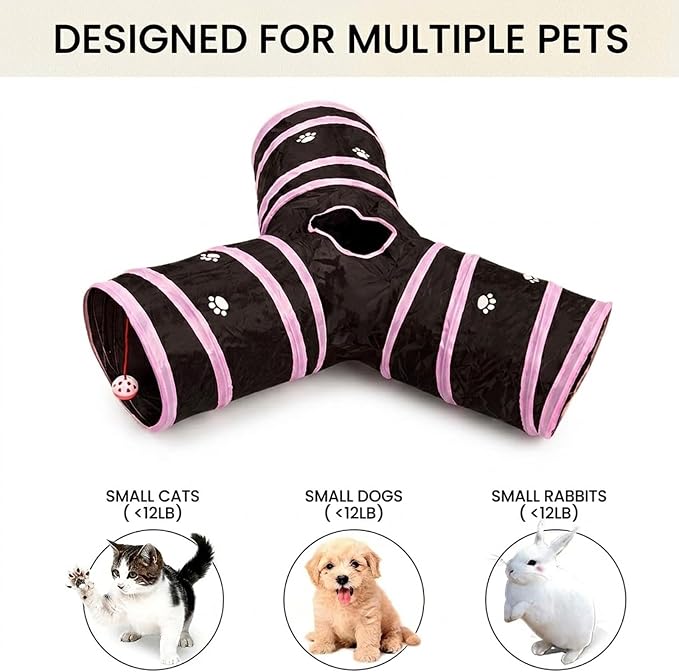 Cats Bunny Tunnel Tube Pink,3 Way Collapsible Small Animal Play Tunnel Toys with Ball for Indoor Cat Kitten Bunny Rabbit Ferret Small Animals (Black@Pink)