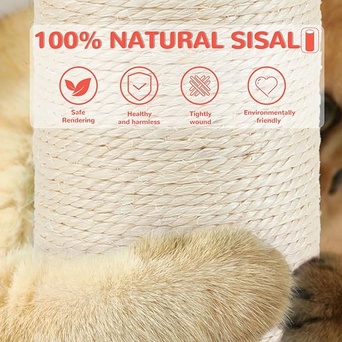 45'' Tall Cat Scratching Post Tree,Heavy Duty for Indoor Large 3.5Inch Diameter Natural Sisal Rope Post,Stable Real Wood Base,Artificial Plant Design Scratcher with Interactive Ball Toy for Home Decor