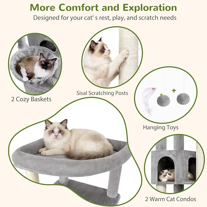 Globlazer 64in Corner Cat Tree for Large Indoor Cats, Space Saving Multi-Level Cat Tower with 2 Condos, 2 Hammocks, 4 Sisal Scratching Posts, C64, Light Grey