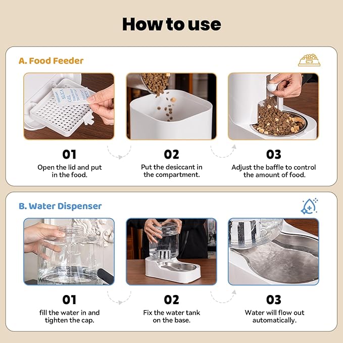JUNSPOW Automatic Cat Feeder Dog Water Bowl Dispenser Set with Stainless Steel Bowl, Adjustable Food Dispensing & Keep Food Dry, Auto Pet Feeder and Waterer for Cats and Dogs