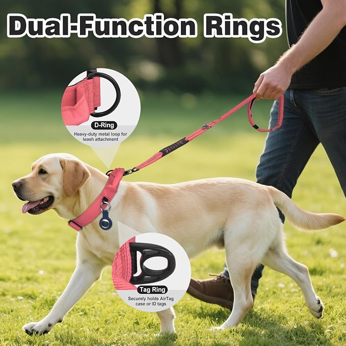 Joytale Tactical Dog Collar for Large Dogs with Control Handle, Heavy Duty Military Training Collar for Power Breeds, AirTag Holder Case, Quick Release Metal Buckle, Soft Padded, L, Pink