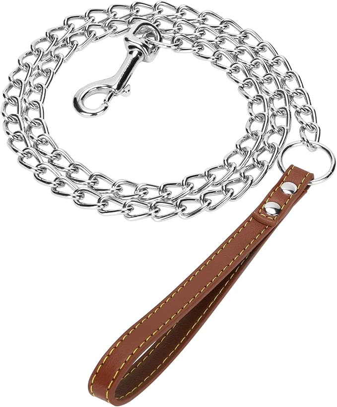 SGODA Chain Dog Leash with Leather Handle 4 Feet Brown