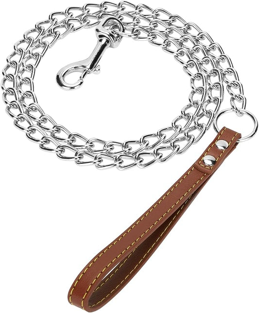 SGODA Chain Dog Leash with Leather Handle 4 Feet Brown
