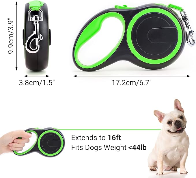 Segarty 16 Ft Extendable Dog Leash, 5m Heavy Duty Walking Dog Leash for Medium Small Dogs up to 44lb, Anti-Slip Handle 360°Tangle-Free Nylon Tape, One-Handed Button Lock & Release (Green)