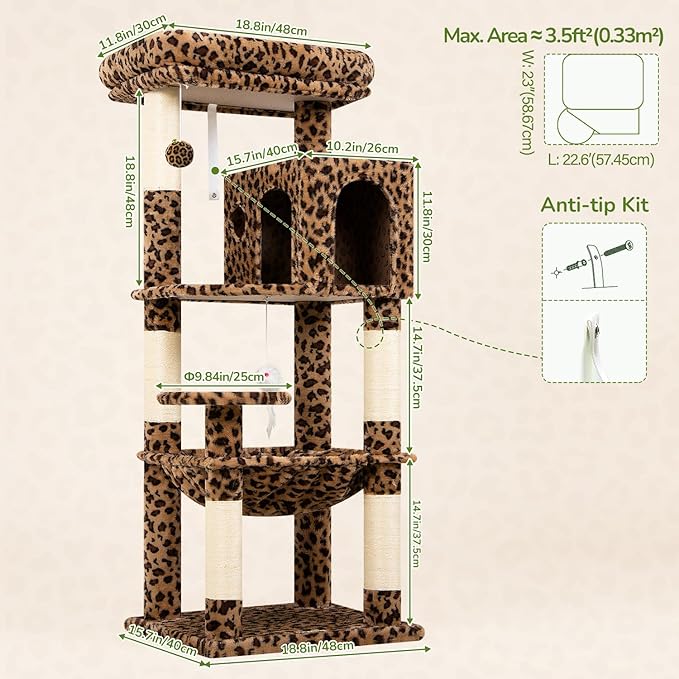 Globlazer Leopard Cat Tree Tower with Scratching Post for Indoor Cats, 53in Plush Multi-Level Cat Climbing Tower Condo House with Large Hammock, Spacious Cat Cave, Padded Top Perch, F53, Leopard Print