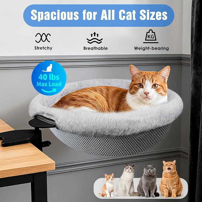 IPOW Heavy Duty Steel Frame 180° Rotating Cat Desk Bed Semi-Circular Cat Bed, Soft Faux Rabbit Fur Material, Suitable for Various Desktops-Maximum Hold Up to 40lb
