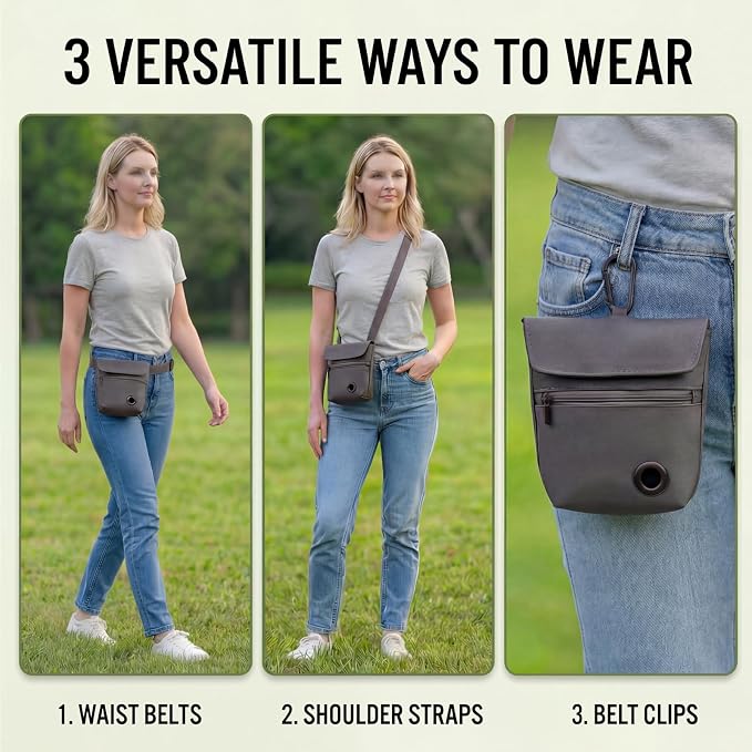 Dog Treat Pouch and Dog Training Clicker, Treat Bag with Poop Bag Dispenser, Powerful Magenetic Clasp, Metal Clip Waist Belt Fanny Pack for Pet Walk Dog Training (Dark Grey)