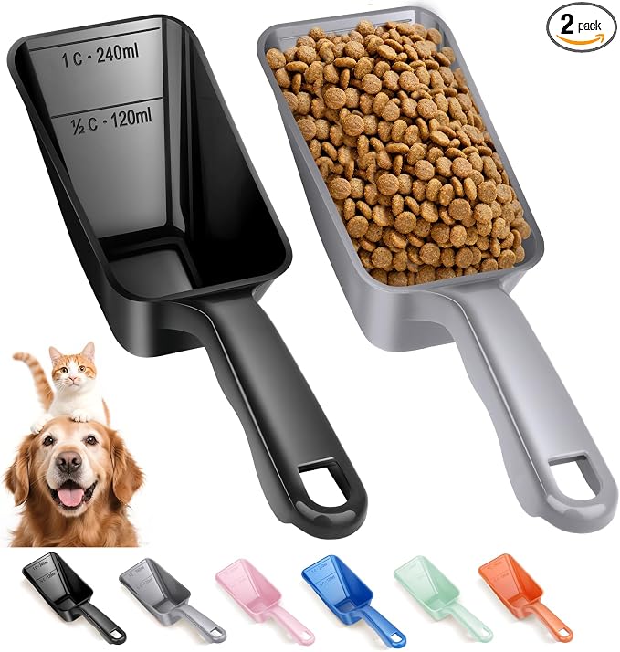 2-Pack Dog Food Scoop 1 Cup, Plastic Pet Food Measuring Scoop With Measuring Lines (1/2 & 1 Cup Markings) for Dogs, Cats, Fish, Bird（Black and Grey)