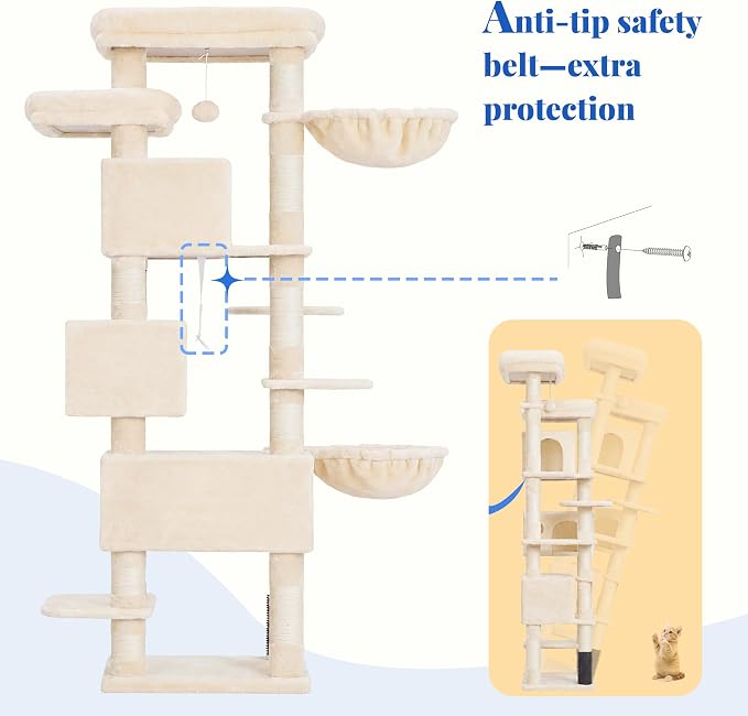 Hey-brother Cat Tree, 74 inches Multi-Level XL Large Cat Tower for Indoor Cats with Three Cat Condos, Two Large Top Decks and Cat Hairbrushfor Kittens, Cats and Pets, Beige MPJ035-MM