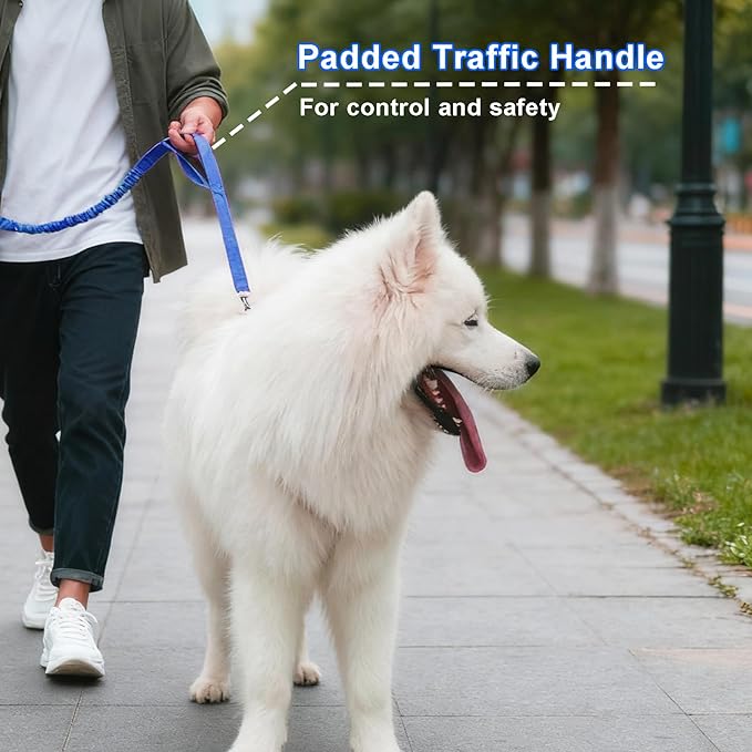 5 FT Bungee Dog Leash with 2 Handles, Reflective Strong Nylon Traffic Leash, Shock Absorbing Lead for Large Medium Dogs Walking Training Controlling, Dark Blue