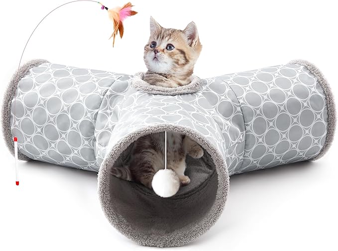 Tempcore Cat Tunnel for Indoor Cats Fleece-Lined in for Warmth, 3 Way Collapsible Pet Play Tunnel with Teaser Wand, Peek Holes & Hanging Ball, Interactive Tube for Kittens & Rabbits, Geometry Grey
