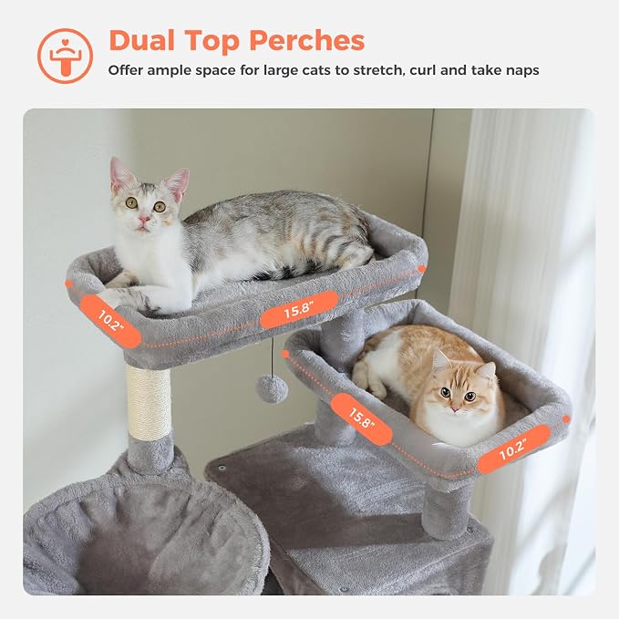 69” Tall Cat Tree for Indoor Cats Large Adult, Multi-Level Cat Tower with Scratching Post, Dual Top Perches, Big Hammock & 2 Spacious Condos, Cat Furniture for Multi-Cat Households, Grey