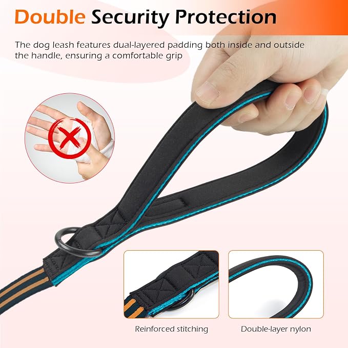 Double Handle Dog Leash for Large Dogs, Heavy Duty Adjustable Leash with Soft Padded Handles, Traffic Control Training Lead for Walking, Running (Blue & Orange Stripe, 6 ft)
