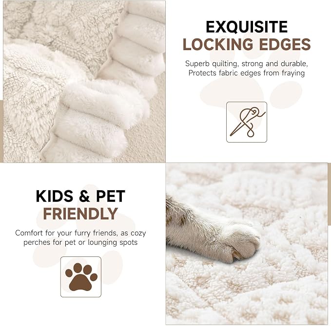 OTOB All Seasons Sofa Covers for 3 Cushion Couch Washable, Geometric Jacquard Fuzzy Non-Slip Pet Couch Cover, Kids Pet Friendly Soft Plush Sofa Slipcovers Dog Bed Mats (Off White, 27.6" x 70.9")