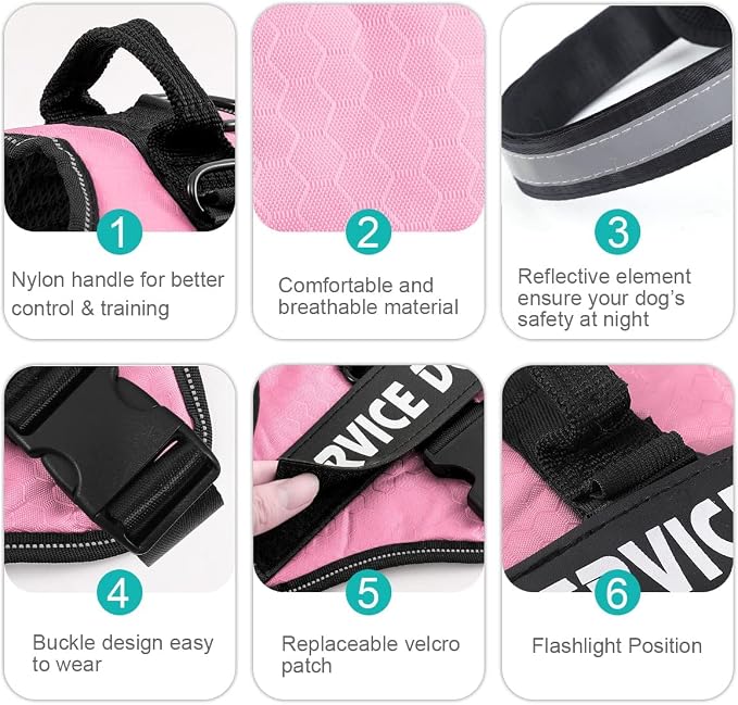 MUMUPET Custom Dog Harness Vest with 2 Personalized Name & Phone Patches, No Pull Reflective Adjustable with Handle, Soft Breathable Padding for Large Dogs (Pink, L)