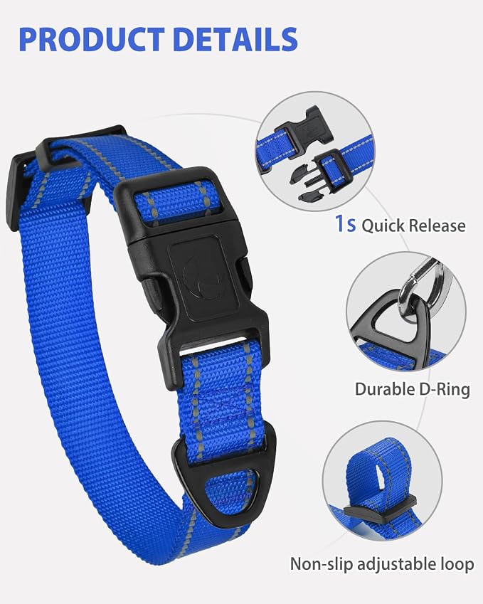 Joytale Extra Large Dog Collar, Wide Double-Sided Reflective Nylon Collar for Night Safety, Adjustable Quick-Release for Gentle Giants, Navy Blue, XL (1 1/4" Width)