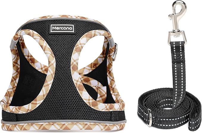Mercano Soft Mesh Dog Harness and Leash Set, Step-in Reflective Breathable Lightweight Vest Harnesses with Safety Buckle for Small Dogs, Cats (Black Yellow, L)
