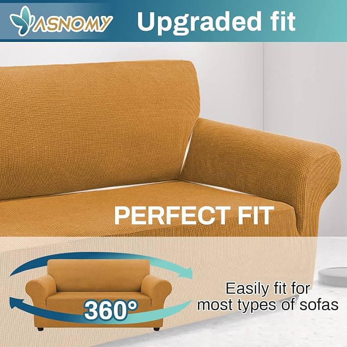 Asnomy Sofa Covers for 2 Cushion Couch Stretch loveseat Covers Slipcovers, Pet Protector Furniture Covers for Dogs Cats Spandex Jacquard Fabric Small Checks （Medium， Golden）