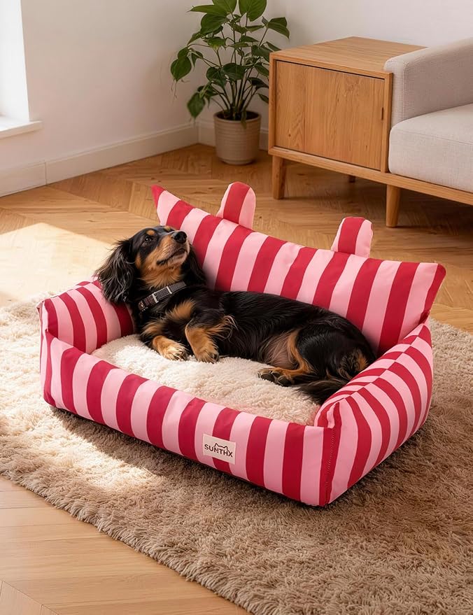 Cat Couch, Reversible Pet Bed for Indoor Cats – 2-Sided Cat Sofa with Oxford Fabric and Plush Fleece, Washable Small Dog Couch for Puppies and Senior Pets, Non-Slip Bottom, 28 inch, Pink Red