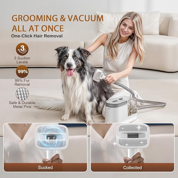 Dog Grooming Vacuum, Dog Grooming Kit with Pet Clipper Nail Grinder, 3 Suction Modes Dog Brush Vacuum with 6 Pet Grooming Tools (Cream)