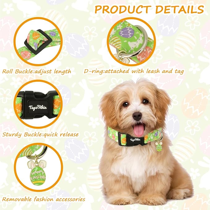Easter Dog Collar with Cute Easter Bunny & Eggs Patterns, Small Green Dog Collar with Exquisite Pendant, Durable Adjustable Collars for Easter Gifts & Daily Use-S
