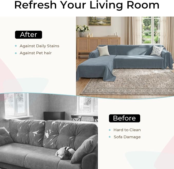 CAPALOCA Sectional Couch Covers, 2 Pieces Chenille Sofa Cover L Shaped Couch Cover Blanket for Dogs Washable Sofa Slipcovers Pet Furniture Protector (XX-Large: 71" x 118" + 71" x 118", Blue)