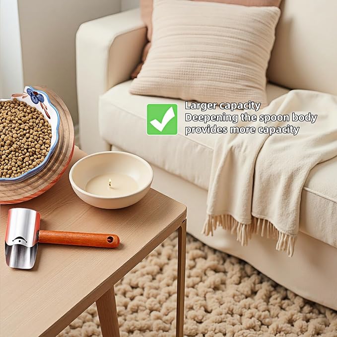 Multi-Pet Food Scoop, Pet Food Measuring Scoop with Wooden Handle,Carbon Steel with Ergonomic Wood Handle, for Dry Food & Treats, Accurate Portion Control for Dog Cat Bird Rabbit. (Grey, Small)