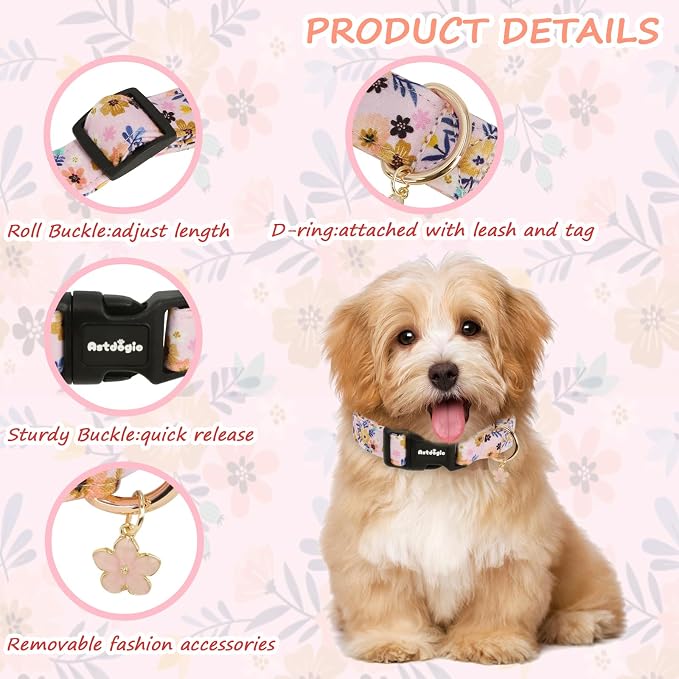 Dog Collar for Extra Small Dogs, Spring Pink Dog Collars with Flowers & Green Leaves, Adjustable Cotton Dog Collars, Cute Girl or Boy Dog Collar Ideal for Gifts,Pet Accessory
