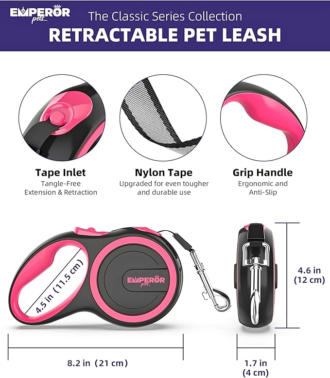 Emperor Pets Pink Heavy Duty Retractable Dog Leash 26 ft – Tangle-Free Nylon Tape, Anti-Slip Grip, Reflective – Retractable Leash for Medium Large Dogs up to 110 lbs -Classic-PK26