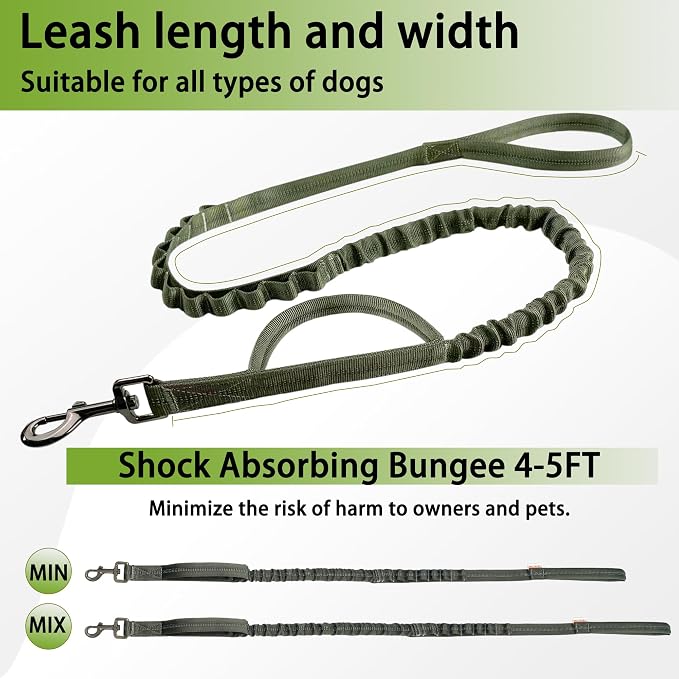 FOVRLZSE Reflective Bungee Dog Leash for Small Medium Large Dogs - 4FT to 5FT Adjustable Shock Absorbing Leash with Double Padded Handle & 360 No Tangle Metal Clasp (Olive Green)
