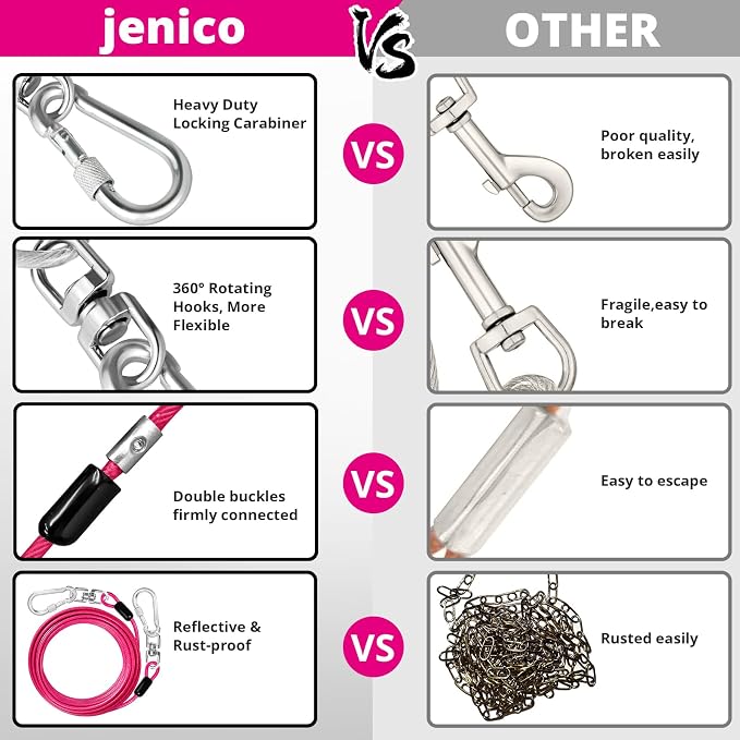 jenico Dog Tie Out Cable: 10 ft Dog Lead for Yard - Heavy Duty Chain Leash Outside for Small Large Dogs Up to 500 lbs - Outdoor Dog Runner Tether