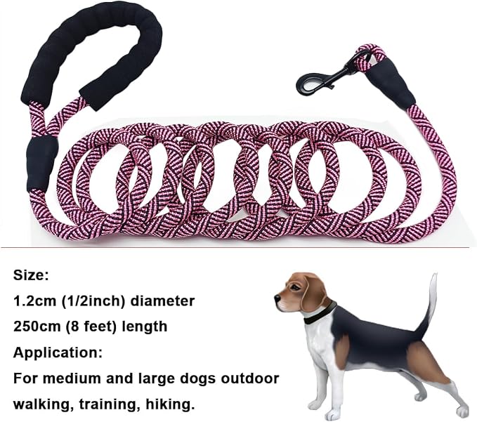 MayPaw Heavy Duty Rope Dog Leash, 3/4/5/6/7/8/10/12/15 FT Nylon Pet Leash, Soft Padded Handle Thick Lead Leashes for Large Medium Dogs (Pink Black, 1/2" * 8')
